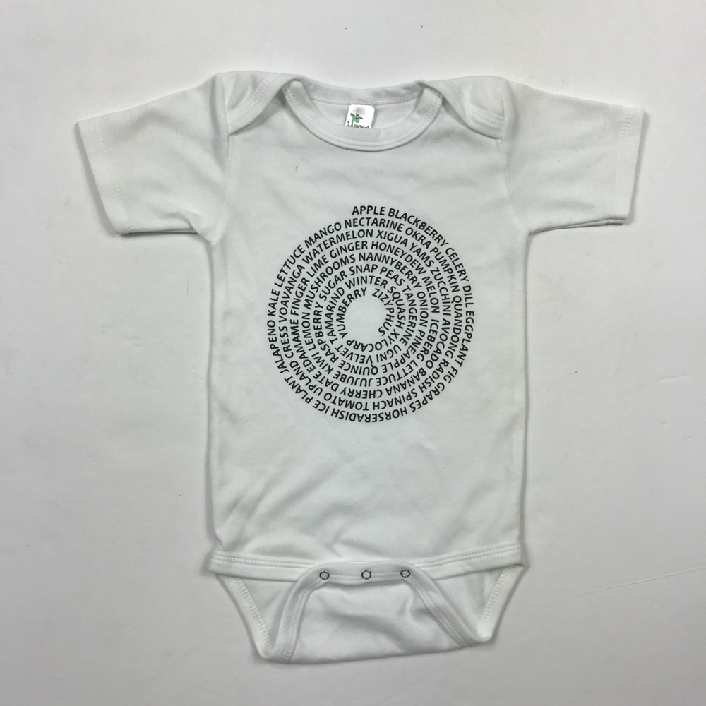 White Fruits and Veggies Spiral Graphic Onesie